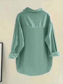 Áo kiểu nữ tay dài màu trơn cài cúc phía trước, kiểu dáng thường ngày, thích hợp mặc mùa xuân. - màu xanh lá - Xem 2