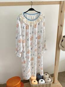 DAZY Nachthemd met bloemenruffle en dierenprint