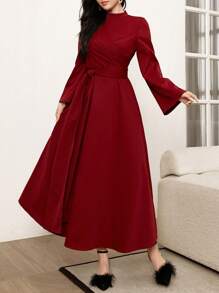 Modelyn Robe longue casual à manches évasées de couleur unie bourgogne pour femmes - Rouge foncé - Voir 7