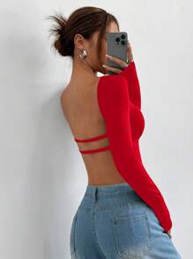 SHEIN EZwear Camiseta de manga larga ajustada y recortada sin espalda tejida para mujeres