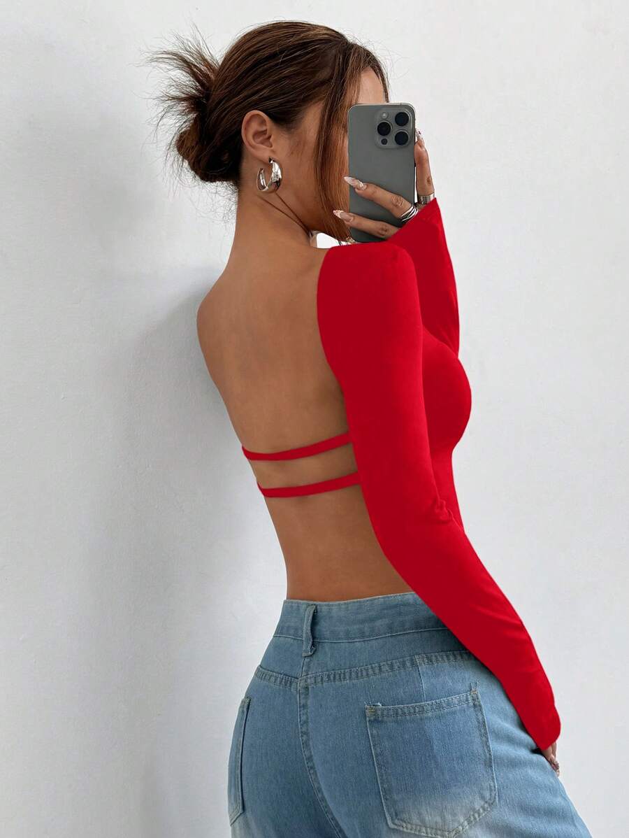 SHEIN EZwear Camiseta de manga larga ajustada y recortada sin espalda tejida para mujeres