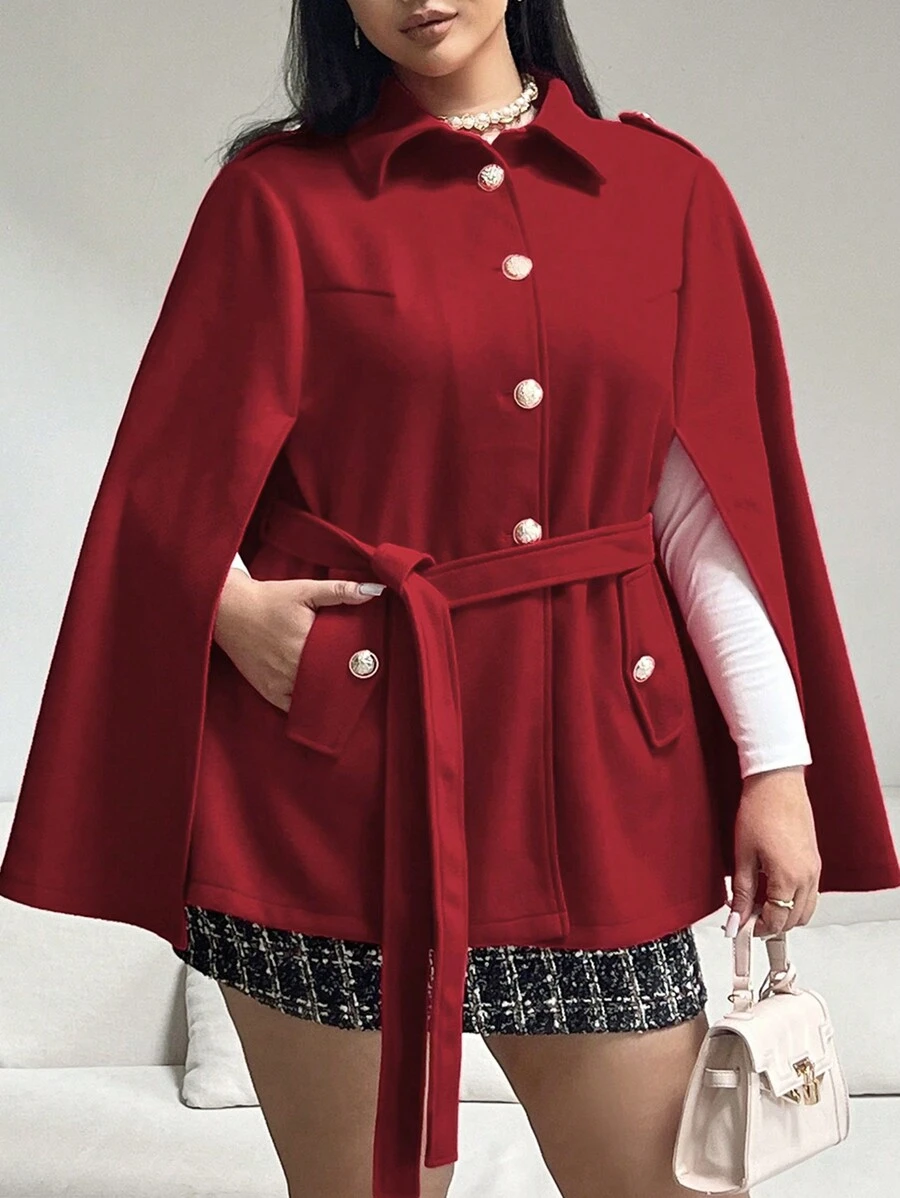 SHEIN Unity Plus Size Button Long Sleeve Split Waist Tie Fashion Knitted Coat - Red - View 1