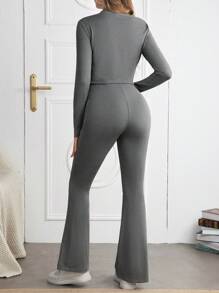 SHEIN Bộ đồ bà bầu 2 món cơ bản co giãn bó sát tay dài có khóa kéo và quần dài có họa tiết chữ, trang phục bó sát cho bà bầu, mùa thu - Xám - Xem 2