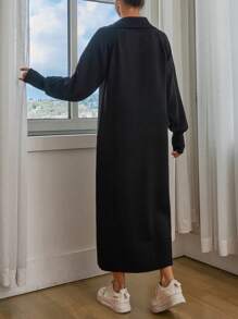 EURMUSE Knitwear Oversize Dress With Button Detail - Black - View 2