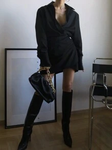 DAZY Women Collared Short Solid Color Dress,Fall Dress Long Sleeve Dress - Black - View 9