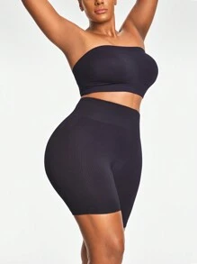 SHAPORA 大码纯色高腰无缝塑身裤 - 黑色 - 查看 3