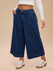 Forever 21 Plus Size Women's Wide Leg Cropped Denim Jeans - Blue - View 6