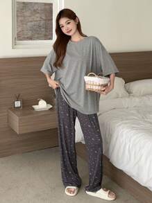 DAZY 简约宽松纯色上衣和碎花裤 2 件套睡衣套装
