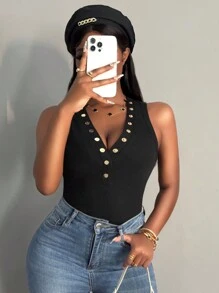 Slaydiva Casual Sexy Solid Color Rib-Knit Button V-Neck Camisole For Women - Black - View 8