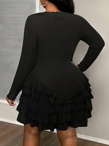 Slaydiva Plus Size Solid Color Knit Ruffle Trim Elegant Dress