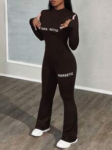 Slaydiva 两件套女士休闲弹力修身长袖拉链字母印花上衣和裤子套装 - 棕色 - 查看 4