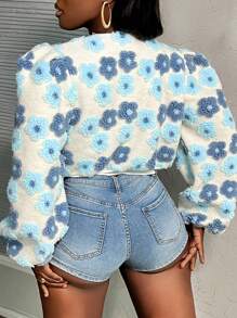 Slaydiva Women's Elegant Jacquard Pattern Short Single-Breasted Puff Sleeve Jacket, Autumn/Winter