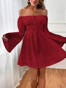 SHEIN VCAY 浪漫露肩荷叶边袖腰连衣裙