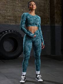 Powerista 女士高腰迷彩印花日常健身紧身裤瑜伽裤 - 綠色 - 查看 4