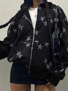INAWLY 星形印花连帽卫衣，休闲百搭，秋冬季长袖套头衫 - 黑色 - 查看 3