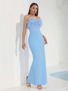 Modphy Faux Feather Sexy Bandeau Backless Bodycon Dress, Elegant Women's Formal Evening Gown, Wedding Guest, Bridesmaid Dress, Party Wear - Baby Blue - View 5