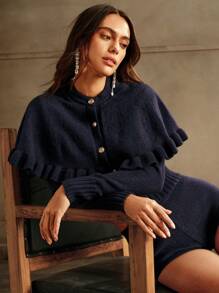 2pcs Anewsta Women Elegant Outfit Set: Ruffle Collar Cardigan And Women Winter Knit Sweater - Blue - View 5