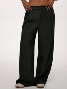 Forever 21 Women's Casual Loose Low-Waisted Solid Color Suit Pants - Black - View 9