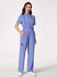 SHEIN TaskFit 女士秋冬时尚休闲纯色弹力腰口袋直筒长裤，女式制服磨砂裤透气抗起球防静电，美容院，宠物医院，游乐场工作裤