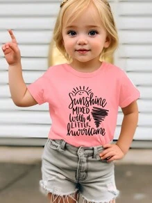 SHEIN Playful Pals Baby Girl Cute Letter Print Casual Short Sleeve T-Shirt, Summer - Pink - View 1