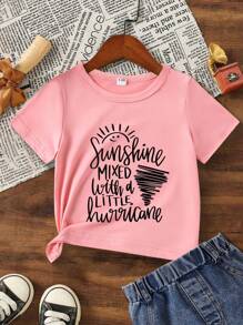 SHEIN Playful Pals Baby Girl Cute Letter Print Casual Short Sleeve T-Shirt, Summer - Pink - View 3