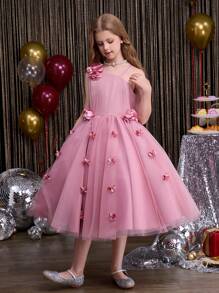 SHEIN Tween Girls Party Dress Ethereal Mori Style Petal Design Princess Dress, Girls Dance Stage Performance Host Long Gown Suitable For Halloween, Christmas, Easter And Other Holidays - Pink - View 7