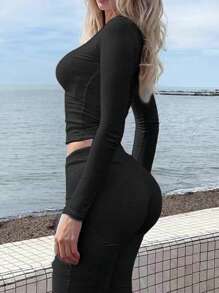 Zyxie 2pcs Women's Solid Color V-Neck Long Sleeve Slim Fit Top And Pants Casual Set, Spring/Fall