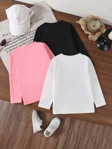 SHEIN Bộ 3 Áo thun dài tay cổ tròn in họa tiết thường ngày cho bé gái - Nhiều màu - Xem 2