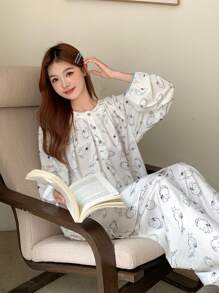 DAZY Bunny Pattern Allover Print Loose Mandarin Collar Top And Relaxed Straight Pants Pajama Set - Beige - View 3