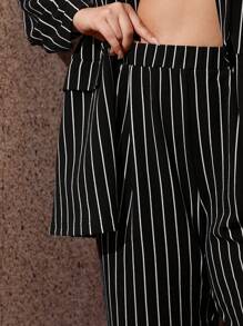 SHEIN SXY 大码女式春秋季条纹翻领长袖西装外套和裤子商务休闲 2 件套西装