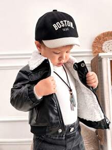 Baby Boy's Stylish Winter Jacket - Fashionable Black Faux Leather Outer With Thermal Lined, Long Sleeve Lapel Collar Open-Front Winter Coat, Cool Black, Streetwear Style