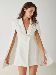 Enchnt Vestido elegante con blazer de capa de unicolor, primavera y otoño para mujer