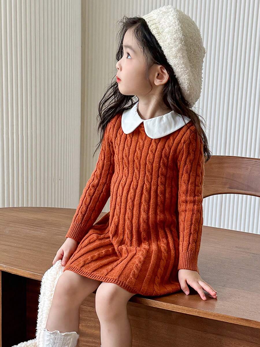 SHEIN Young Girl  Cute & Comfortable  Long Sleeve Contrast Peter Pan Collar Knit A-Line Sweater Dress, Autumn And Winter - Multicolor - View 1