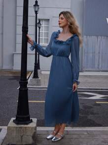 EMERY ROSE Vestido elegante de gasa con cuello de volantes y plisados - Azul - Ver 1