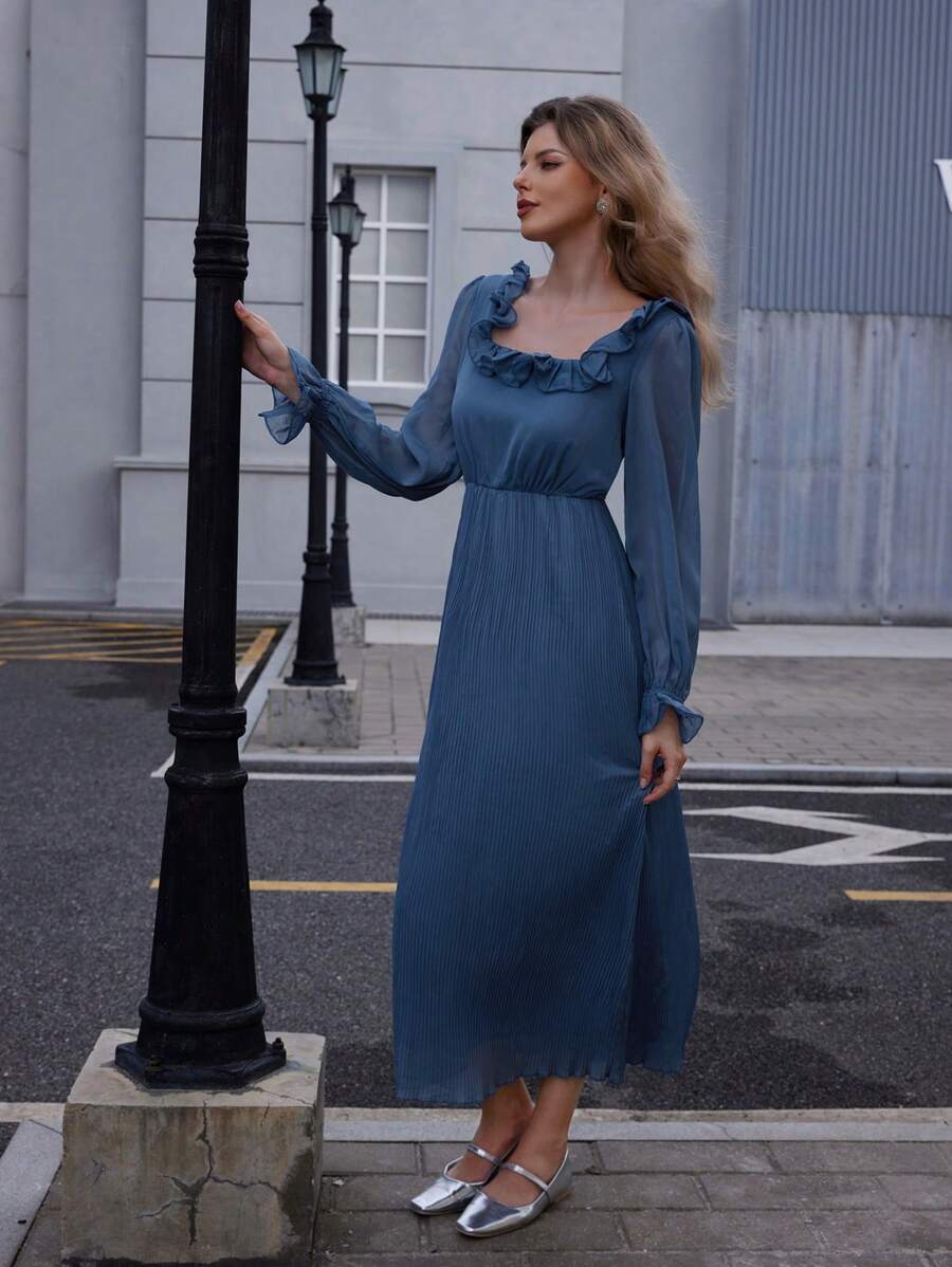 EMERY ROSE Vestido elegante de gasa con cuello de volantes y plisados - Azul - Ver 1