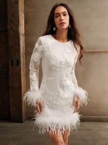 Anewsta 欧美性感白色刺绣羽毛袖子和下摆迷你紧身连衣裙 - 白色 - 查看 5