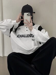 DAZY 女款拼色字母印花翻領運動衫，秋季校園穿搭 - 黑與白 - 查看 6