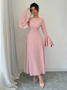 Rafferiza 女式 V 领长灯笼袖褶皱优雅迷人连衣裙长款女装秋季服装 - 粉色 - 查看 6