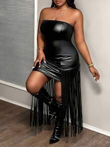 Slaydiva Plus Size Women's Black PU Bandeau Fringe Dress