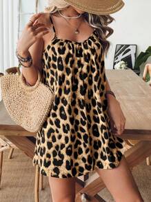 SHEIN PETITE CURVE Plus Size Women Leopard Print Backless Wide Leg Jumpsuit, For Vacation - Brown - View 4