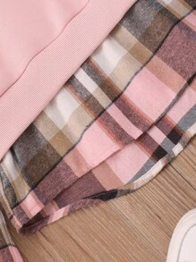 SHEIN Vintaside Kids 青少年女孩格子拼布连帽衫和裤子休闲两件套服装 - 粉色 - 查看 4