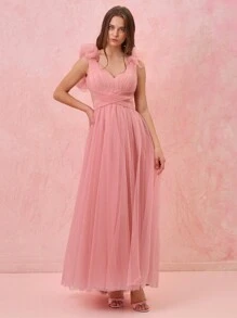 Enchnt Đầm lưới xếp nếp chéo vai màu trơn cho nữ - Hồng - Xem 4