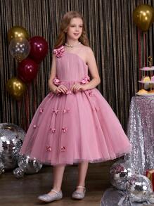 SHEIN Tween Girls Party Dress Ethereal Mori Style Petal Design Princess Dress, Girls Dance Stage Performance Host Long Gown Suitable For Halloween, Christmas, Easter And Other Holidays - Pink - View 5