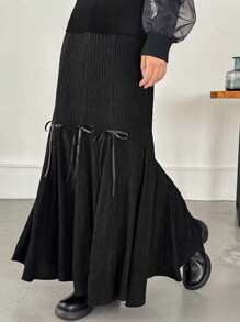 FRIFUL Women Bow Decor Fish Tail Hem Elegant Skirt - Black - View 4