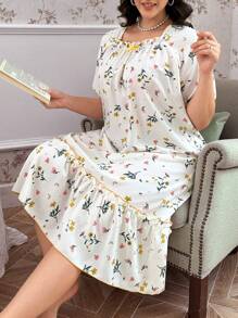 CottageSlumber Váy ngủ họa tiết hoa xếp nếp bong bóng cho nữ - Màu be - Xem 6