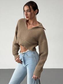 Aloruh New High Collar Loose Fit Cozy Pullover V-Neck Knitted Sweater - Khaki - View 5