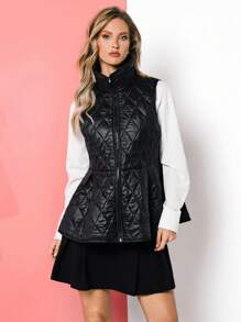 VARSITIE 菱形高领伞形下摆女士户外背心夹克，寒冷天气服装 - 黑色 - 查看 1