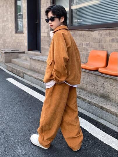 2pcs Tween Boy Corduroy Jacket And Pants Set, Suitable For Commuting, School, Casual, Sportswear, Fits Autumn/Winter