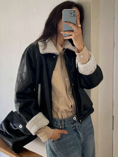 DAZY 女士休闲仿皮PU内衬长袖外套，秋冬季女装，保暖内衬