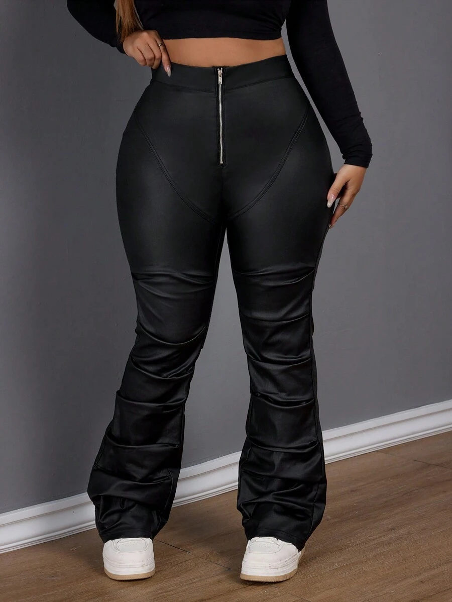 Plus Size Mid-Waist Stretch Black Coated Pleated Pants Fall Cloth For Women - Black - View 1